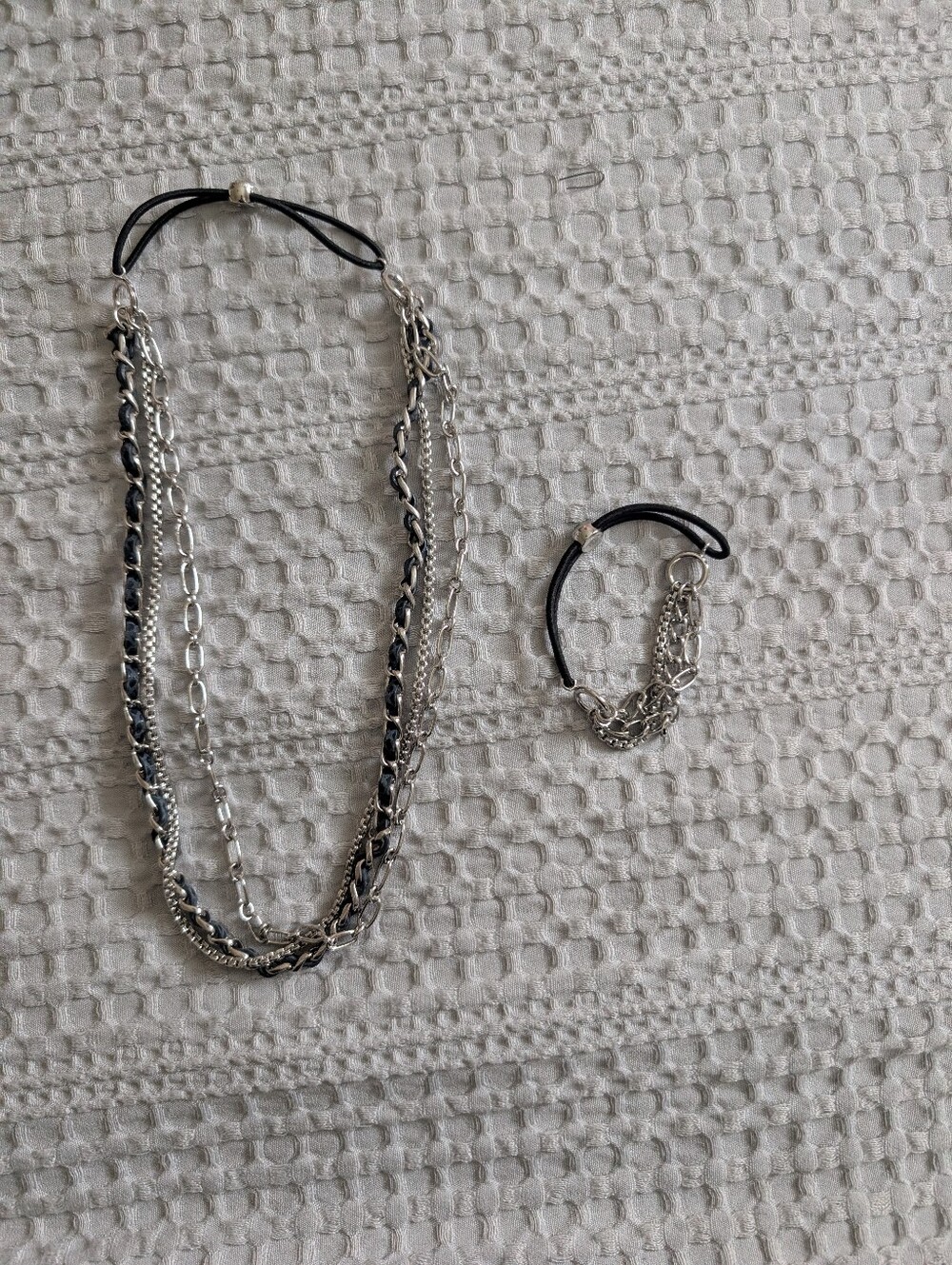 Adornable.u Silver Multi-Chain Necklace & Bracelet Set With Black Elastic
